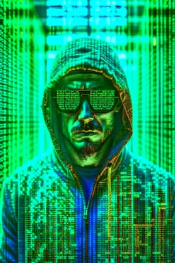 Bitcoin hacker matrix portrait, photorealistic, very soft colors, shoot with leica lens , photo by Salgado, fear and dark, insane details.