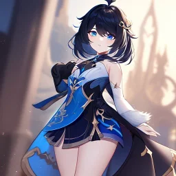 Clear focus,High resolution, Black short fluffy hair, and blue eyes, wearing a Genshin Impact inspired outfit, detailed clothes,must be wearing a short skirt, Potrait