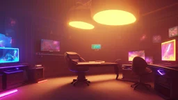 Dimly lit gaming room, with a single desk with a gaming PC, two monitors on the desk, gaming chair, bed in the background, the room is filled with neonlights, night time, atmospheric, detailed.