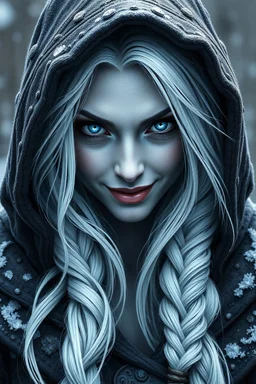 Female woman human, wild druid, white hair, gray skin, blue ice eyes, dungeons and dragons, shadow hooded mean evil mad braid, very evil smile