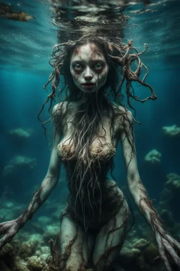 Underwater, closeup siren with big eyes, fullbody, ragged clothes, his skin translucent, black veins that extended like roots, 8k,macro photography,