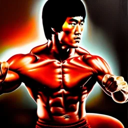 Ultra detailed fullbody Portrait in oil on canvas of Bruce Lee merges RedHulk,extremely detailed digital painting,extremely detailed face,crystal clear Big eyes, mystical colors ,perfectly centered image, perfect composition, rim light, beautiful lighting,masterpiece,8k, stunning scene, raytracing, anatomically correct, in the style of Wizyakuza and robert e howard and InHyuk Lee and Ohrai Noriyoshi and Simon Bisley.