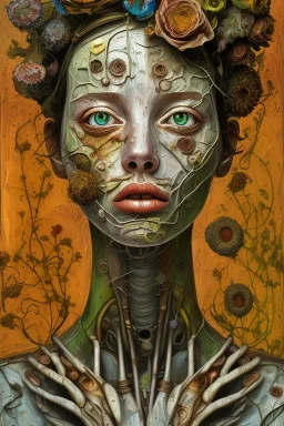 an abstract painting of flowers, by lucian freud and klimpt, rust, scaffolding, iron cladding, decay, mixed media, textured, anatomically correct, beautiful woman perfect face, green eyes, sharp focus, highly detailed. desolate background