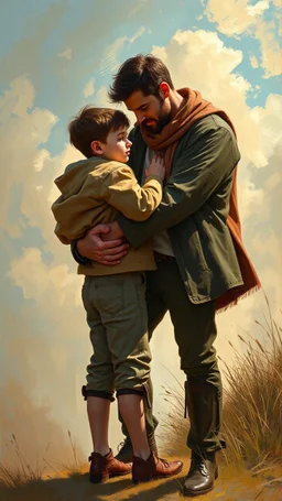 Remy Cogghe paining style , a man holding his young son who is standing in front of him in romantic trajectories, 4k