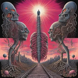 Spinal cord, Pink Floyd album art for "Cymbaline", apprehension creeping, train thundering up your spine, surreal, by Emek, by Alan Kenny, concept art, dramatic, silkscreened, color ink illustration, psychedelic album cover, expansive, smooth, weirdcore, text: Cymbaline, strange changing size.