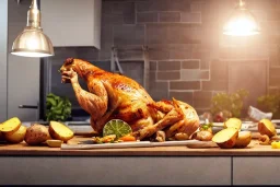 Great Danes stealing food off of a work surface in a kitchen, roast chicken, potatoes, 8k resolution concept art hyperdetailed dynamic lighting DSLR maximalist matte background