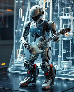 full body all to feet rendering robotic playing electric guitar, he having chasing clear surfaces it from transparency super clear glass explore inside machine components, advance design futuristic sci fi picture,find details,Sony Alpha 7 50mm 1.8,medium shot, high-resolution image with fine details,ultra detailed,ultra realistic,extremely realistic,intricate,photorealistic,epic composition