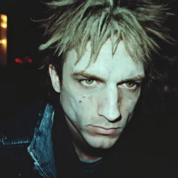 very grainy discolored 2000s photo, closeup portrait, dark night alley with no lights, grunge, extremely gaunt male with chalk-white skin wearing a ripped jeans jacket, animalistic, imposing, guarded, long messy hair, scrutinizing look in the eyes, gangrel