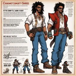 character concept sheet with AD&D statistics and characteristics, [illustration by Kevin Eastman and Peter Laird] when i walk on by, girls be looking like, "damn, he fly" i pimp to the beat, walking down the street in my new lafreak yeah, this is how i roll, animal print, pants outta control it's redfoo with the big afro and like bruce leroy, i got the glow, yeah