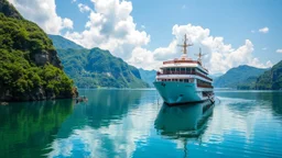 The description should capture the elegance of the ship, the beauty of the surrounding landscape,