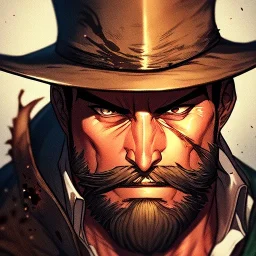 Clear focus, High resolution, max detail, Portrait, bearded, Gunslinger, Cowboy, cowboy hat, serious face, Blood Splatter