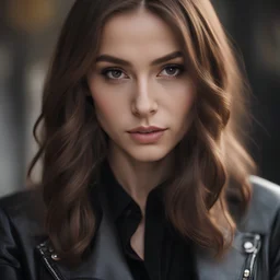 cute sweet girl with brown long shiny hair, with gray eyes, visible skin structure on her face, looks questioningly, tilted her head to the right, dressed in a black fashionable jacket, looks questioningly, waist-length portrait, super detail, super sharpness, 4k, photo