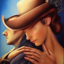 Handsome guy holding a crying beautiful lady, steampunk, realistic, intricate, insanely detailed,tears, Catherine Abel style, blue eyes, sunlit, acrylic art