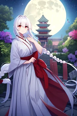 girl, masterpiece, best quality, cinematic lighting, detailed outfit, vibrant colors, perfect eyes, white hair, very long hair, braided ponytail, red eyes, hakama, shrine, moon, starry sky, plants, stone walkway, lamppost, butterflies,