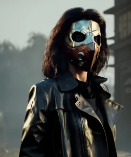 A badass Sofia Buttela wearing a scream mask, atmospheric, realistic, red leather trench coat, unreal engine, cinematic lighting, octane render.