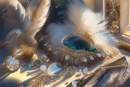 Still life with feathers and gems highly detailed digital painting elegant intricate very attractive beautiful award winning fantastic view crisp quality very cute acrylic art in sunshine