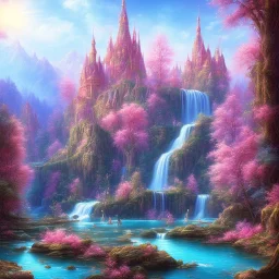 turquoise river, sun, waterfalls, pink fairy castle