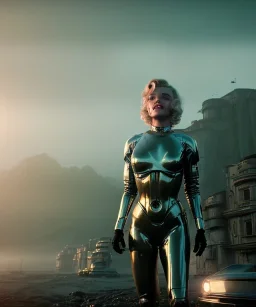 Ultra Realistic retro sci-fi scene, portrait, 2 blonde woman clones, sweet young Marilyn Monroe face, perfect iris, tight latex coat, helmet, Strange planet background. Spaceship, fog, rain, soft color, highly detailed, unreal engine 5, ray tracing, RTX, lumen lighting, ultra detail, volumetric lighting, 3d, finely drawn, high definition, high resolution.