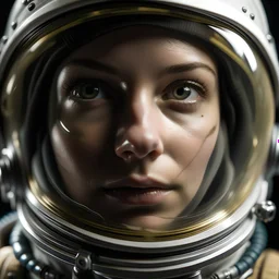 closeup on an austronaut woman's face with space reflected in her spacesuit helmet lost in space