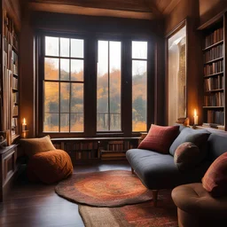 photo of a cozy reading nook, near a big window, plaid pattern, old house, romantic, candlelight, big bookcase, books, warm autumn colors, rainy day --ar 1:1