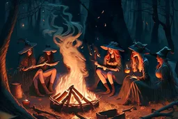 witches around a campfire in the woods