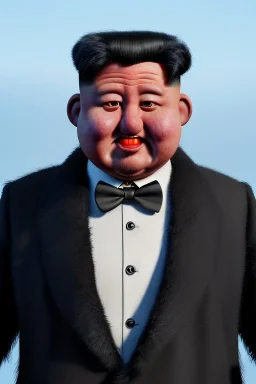 Waist up muppet Portrait, Kim Jong-un as muppet doll, black suit, photo studio, red background, unreal engine 5, concept art, art station, god lights, ray tracing, RTX, lumen lighting, ultra detail, volumetric lighting, 3d.