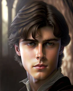 young noble swordman short brown hair photorealistic