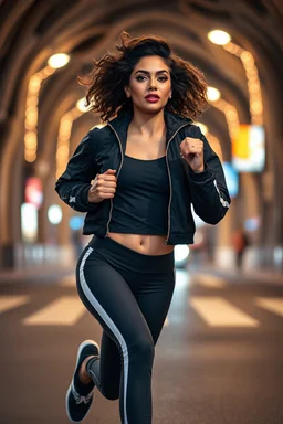 a modern city jewell lights , a beautiful fashion model lady with cute,curvy hair,makeup, in pretty sports suit is running in street ,dynamic camera fallow her inside cave capturing full body, dynamic lights.