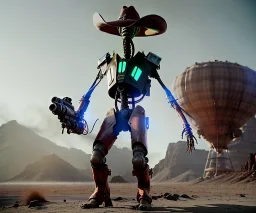 Alien, mech, vest, jellyfishsombrero, metal, holding gun, steel hands, strong, chest plate, holding rifle, pauldrons, pressurized cowboy boots, radium, sleeved, injection