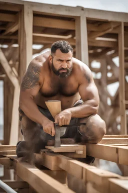 half figure shot photography of an ugly 40 year old stocky big chubby robust burly arab carpenter working on the roof, dirty, wet, tattoo,wearing bulging overalls, shirtless, hairy chest, serious, very virile, long beard, curly hair,, , in a sunny construction work area, photorealistic , photorealistic