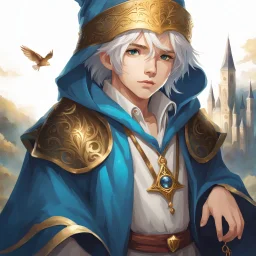 Fantasy World, A boy only wearing a closed wizards robe, and wearing a wizards hat. White Hair. Golden Eyes