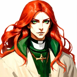 dnd, watercolour, illustration, portrait, rogue, long red hair, green eyes, radiant, priest