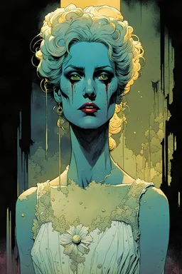 create a hardened, undead teenage Prom Queen, finely defined and sharply lined facial features in the comic book art style of Mike Mignola, Bill Sienkiewicz and Jean Giraud Moebius, , highly detailed, grainy, gritty textures, , dramatic natural lighting