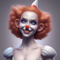 Ultra detailed very beautiful smileing cute clown girl,beautiful real skin, red nose, symmetrical, ultra detailed curl hair, soft lighting, ultra detailed face, concept art, circus,party, digital painting, octane render, art by artstation