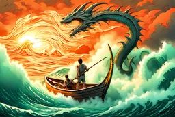 Ethereal image of one man from his side holding a trident and standing in a boat that is sailing in the middle of a hurricane with giant waves And fighting using its trident against a giant sea dragon during a sunset