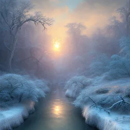 Sunset, frozen river beneath incredible frost trees and grasses, by Ivan Shishkin,Ferdinand Knab,Dan Seagrave,Erik Johansson,Peter Mohrbacher,Anato Finnstark,Flavio Greco Paglia. Beautiful,high detailed, high definition, award winning photograph taken with Nikon D750, colourful, Depth of Field, no people, a snowy sunset,golden crosses,many different colour northern lights, full moon over mountains, 10 second long exposure, ultra reallistic, oil on canvas, cinematic lighting,