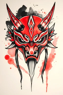 A tattoo of red Japanese demon mask in watercolor and brushstroke style. Only use red and black