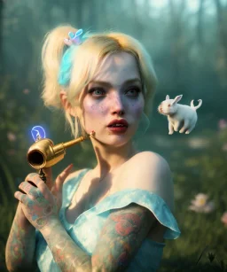 Ultra realistic wonderland photo, happy blonde woman smoking a pipe, blue dress, white rabbit pet, circus dress style, old school tattoo, smoke, marijuana garden, glow eyes, perfect iris, soft color, highly detailed, unreal engine 5, ray tracing, RTX, lumen lighting, ultra detail, volumetric lighting, high definition.