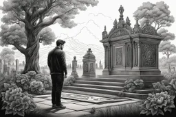 Man standing a front of his mom grave in 8k tattoo drawing style, out of the Frame, sad them, intricate details, highly detailed, high details, detailed portrait, masterpiece,ultra detailed, ultra quality