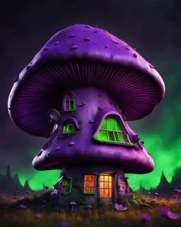 An asymmetrical mushroom house in the night sky. in space. Bright Bold Bright Colors, green white purple black, Stark Dark background. Detailed Matte Painting, deep color, fantastical, intricate detail, splash screen, hyperdetailed, insane depth, Fantasy concept art, 8k resolution, trending on artstation, Unreal Engine 5, color depth, Deep Colors, backlit, splash art, dramatic, splash art Style. High Quality, Painterly, Whimsical, Fun, Imaginative, Bubbly, good detail, perfect composition,