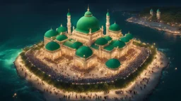 Hyper Realistic Aerial View of Lots of people worshiping outside a Huge-Beautifully-Crafted-Green-Mosque decorated with garland-lights & lamps between an island with ocean-water-waves at night with dramatic-&-cinematic-ambiance