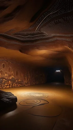 A light brown cave designed in Australian aboriginal art