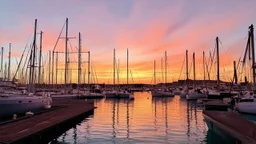 A scenic sunset over a harbor filled with sailboats and yachts, reflecting the warm colors of the sky in the calm waters