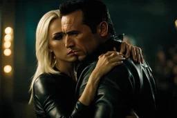 Jason David Frank as Handsome Alpha male short dark hair hugging pretty blonde shorthaired sad girl crying, photo realistic, modern dark fantasy