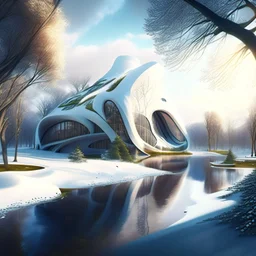 Zaha Hadid style country house hyper-detailed hyper-realistic trees river winter sunny weather people 8k