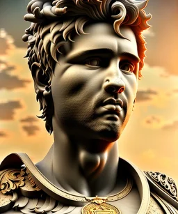 Realistic image, roman sculpture, marble material, Lionel Messi with Laurel wreath model, miguel angel style, God light, god rays, 4k resolution, perfect details, ornate details, soft lighting, unreal engine 5, soft cyan background.