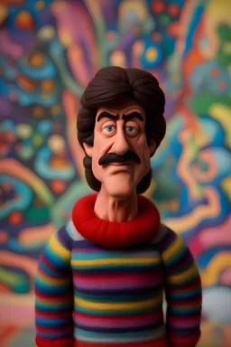 a figurine of a person wearing a sweater, sylvester stallone, inspired by Ron English, made out of wool, high detail iconic character, sylvester stallone, inspired by Wes Wilson, made of wool, toy art, 1968 psychedelic, claymation character, aardman, detailed portrait shot, as a claymation character, insanely super detailed, 3d, 8k, cinematic, complex details