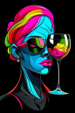 Acrtoon 2d art illustration . Colourful rosé wears a black glass