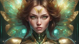 ((Full body shot of stunning beauty woman)),8k portrait of beautiful cyborg with brown hair, sharp green eyes, intricate, elegant, highly detailed, majestic, digital photography, art by artgerm and ruan jia and greg rutkowski surreal painting gold butterfly filigree,, fairy wings, broken glass, (masterpiece, sidelighting, finely detailed beautiful eyes: 1.2),