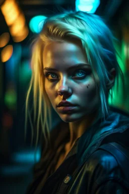 hyper real oil painting of blonde cyberpunk Malkavian vampire portrait with clear blue-green eyes in spotlight feeling in control in goth ruins, zeiss prime lens, bokeh like f/0.8, tilt-shift lens 8k, high detail, smooth render, down-light, unreal engine, prize winning